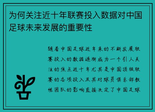 为何关注近十年联赛投入数据对中国足球未来发展的重要性